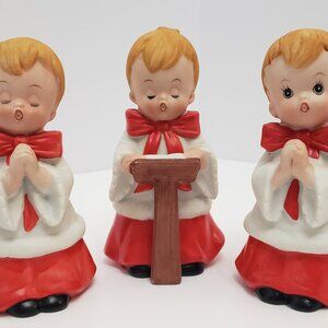 Vintage Homco Christmas Singing Choir Boy set of 3 Red White Bisque 5" #5550